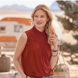 Sundance Smocked High-Neck Sleeveless Tank - Rust